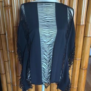 Women's Black Open-Front Fringe Cover Up